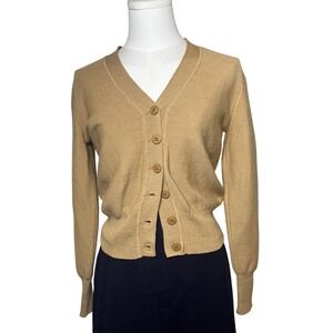 Italian Virgin Wool‎ Cardigan Camel V Neck Button Front Mazia Women XS S